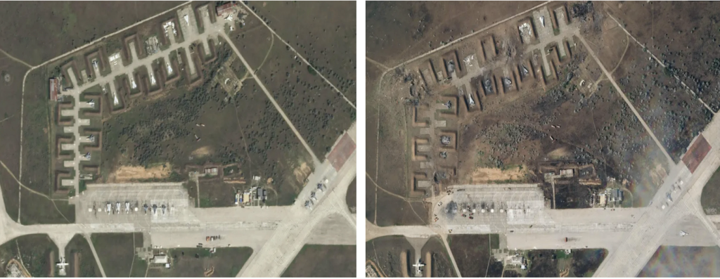 Satellite images show Saki airbase before and after the explosions. (Source: Planet Labs)