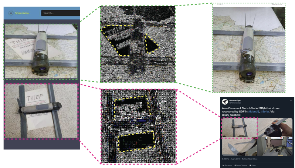 The composite image of a screenshot from the Dark Web store taken from Twitter (left), noise analysis of both images via Forensically (center), and original images of drones from 2015 (top right) and 2016 (bottom right). The prominence of presumably added paper during noise analysis is highlighted in yellow. (Sources: Twitter/archive, left; article/archive, right; @DFRLab via Forensically)